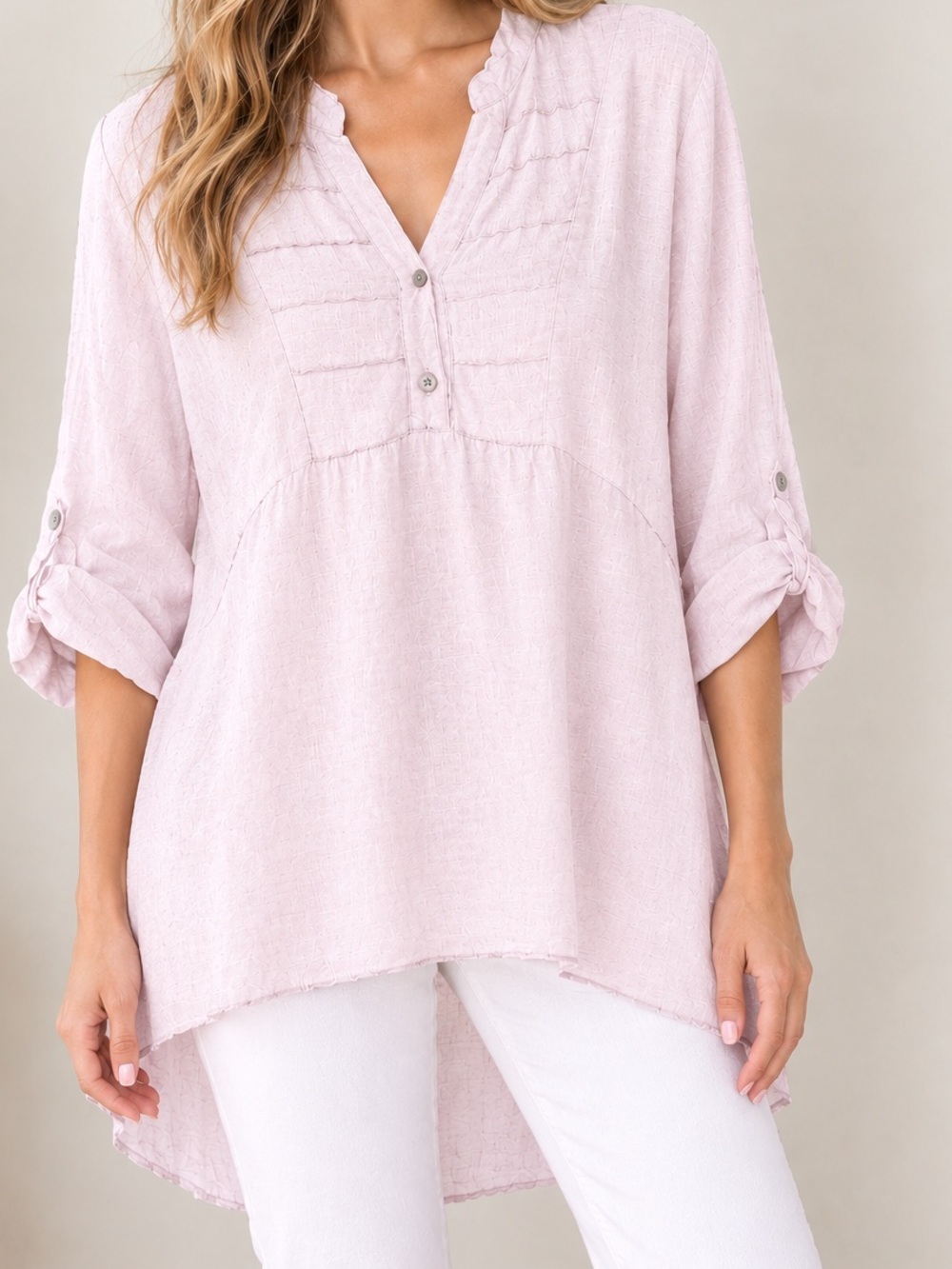 Made in Italy Linen Light Pink Women's Tunic Top - Relaxed V-Neck Button Detail
